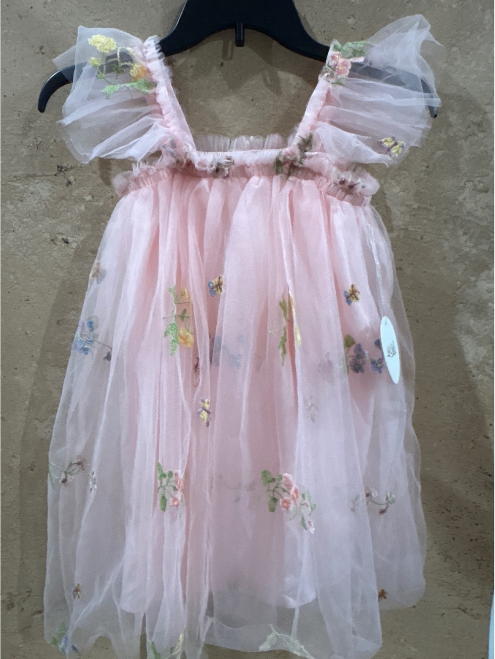 Le Chic Girls 8Y Peach Tulle Dress with Floral Embroidery and Ruffle Sleeves